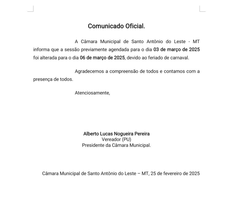 Comunicado oficial de alteração da data da segunda sessão Ordinária